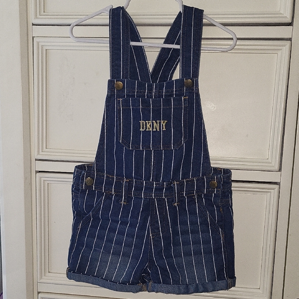 DKNY Navy Pinstripe Denim Shortalls with Embroidered Logo EUC - 4T